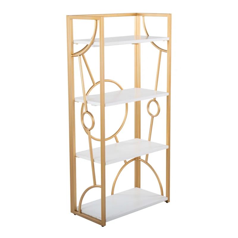 White Wood and Gold Metal Geometric 4-Tier Bookcase