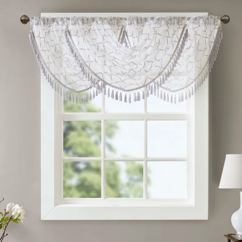 Sill Length White/Grey Embroidered Sheer Waterfall Valance