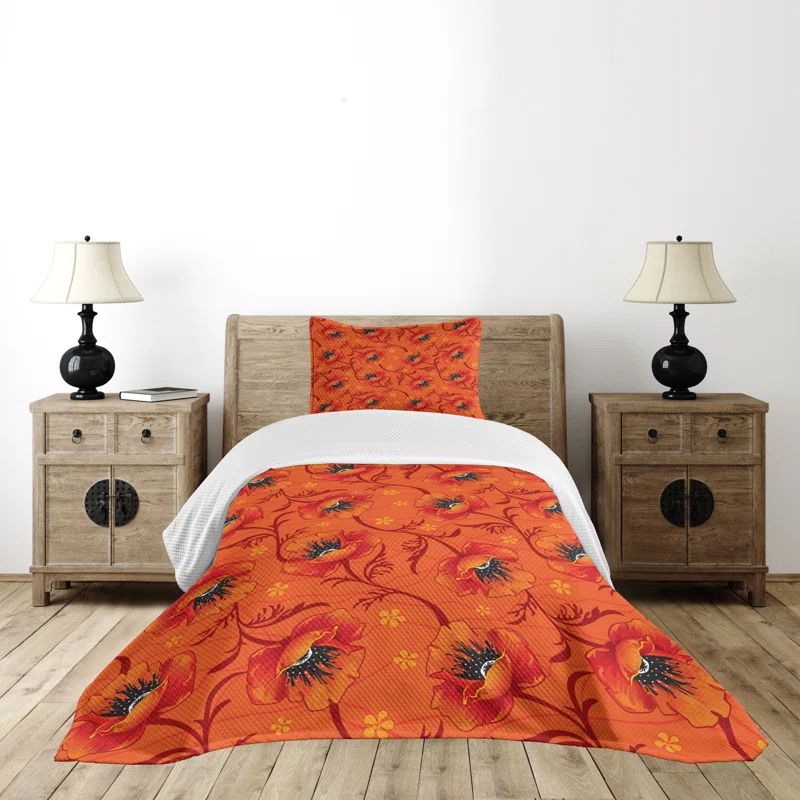 Twin White Quilted Bedspread Set with Poppy Flower Design