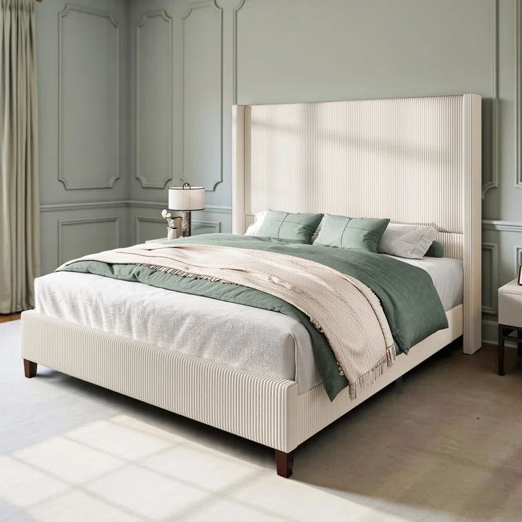 Cream Queen Corduroy Upholstered Bed with Wingback Headboard