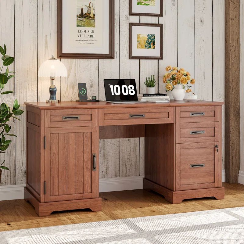 Cherry Brown 55'' Wood Executive Desk with Drawers and Power Outlets