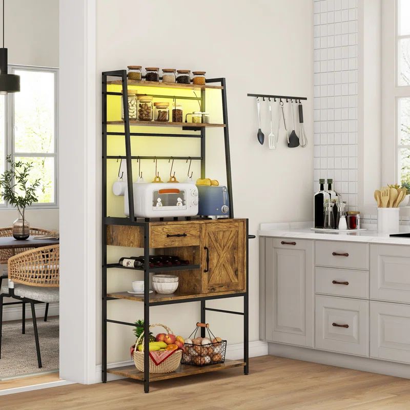 Rustic Brown Industrial Baker's Rack with LED Lights and Storage Shelves