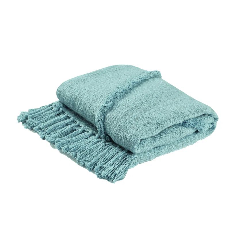 Sky Blue Cotton Knitted Fringed Throw Blanket