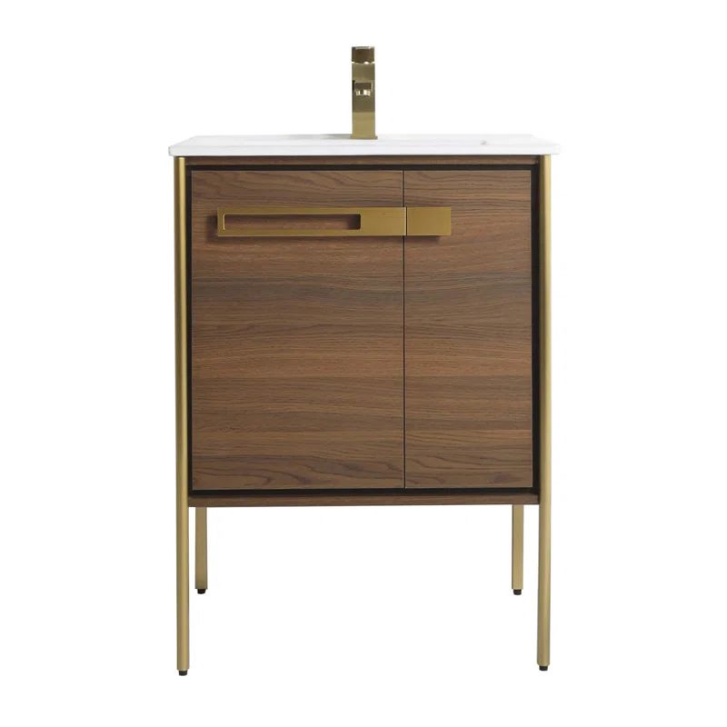 24" Walnut Ebony Bathroom Vanity with White Ceramic Sink