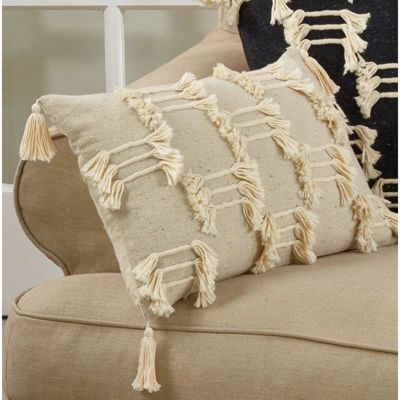 Beige Tri-Line Frayed Throw Pillow with Tassels