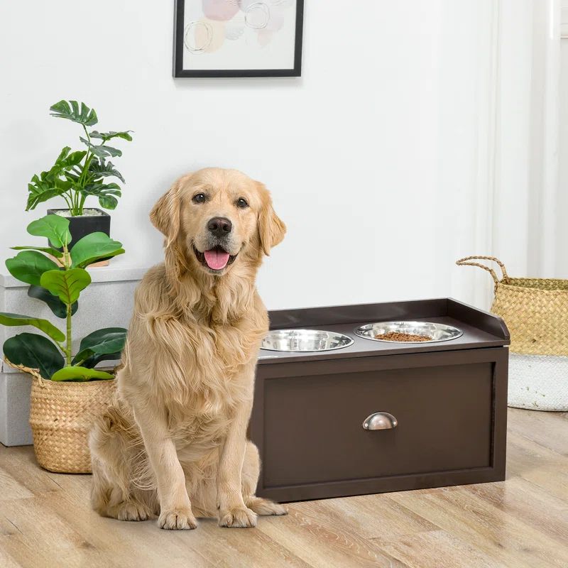 Large Coffee Elevated Dog Feeding Station with Storage Drawer