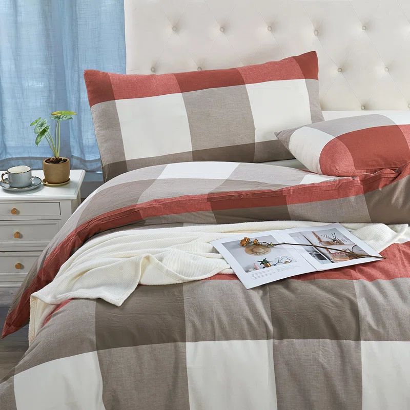 Cherry Red Plaid Cotton Flannel Queen Duvet Cover Set