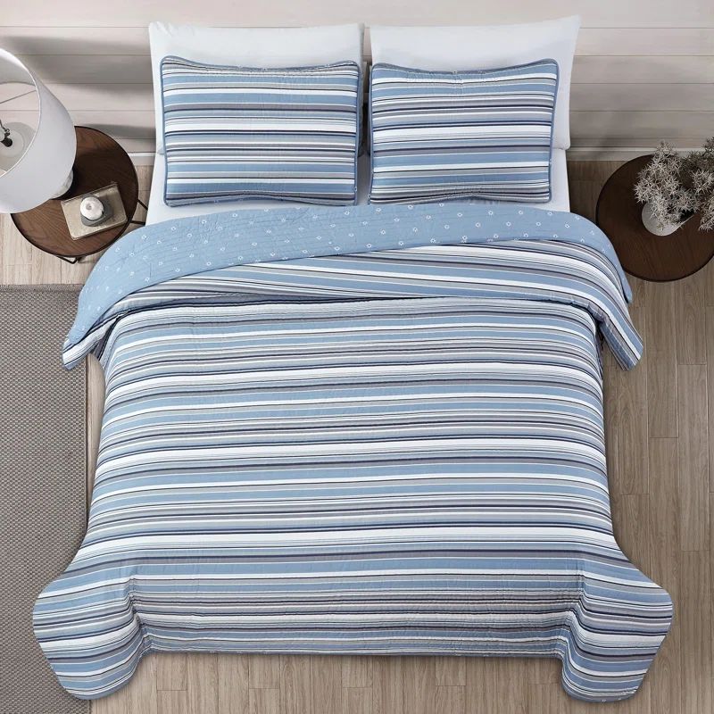 King Size Blue and Gray Reversible Microfiber Quilt Set