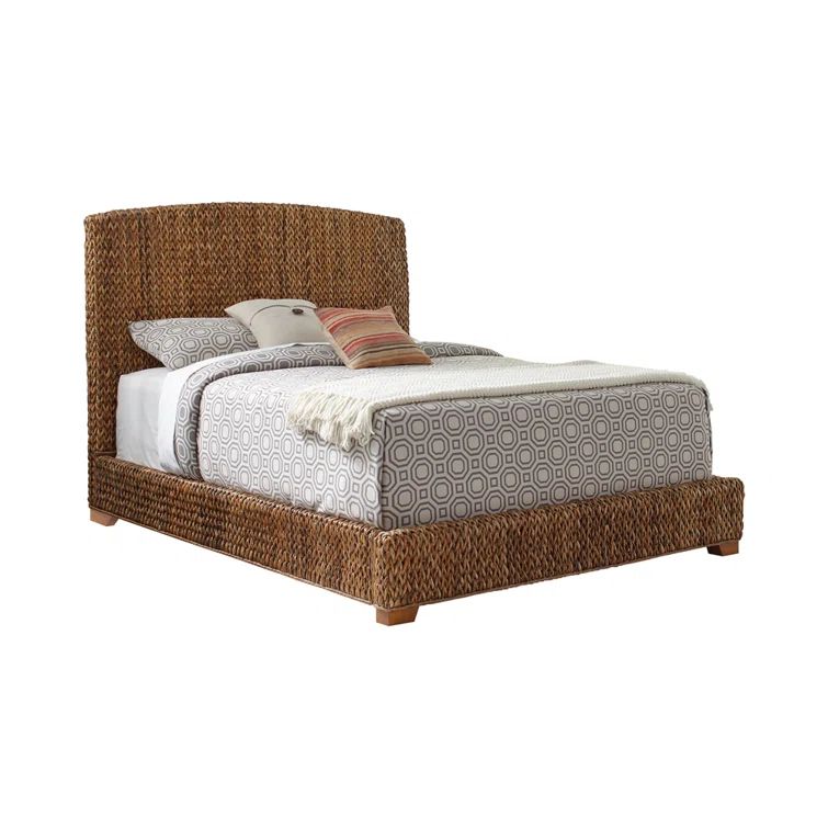 Rustic Cocoa Brown Woven Banana Leaf King Bed with Nailhead Trim