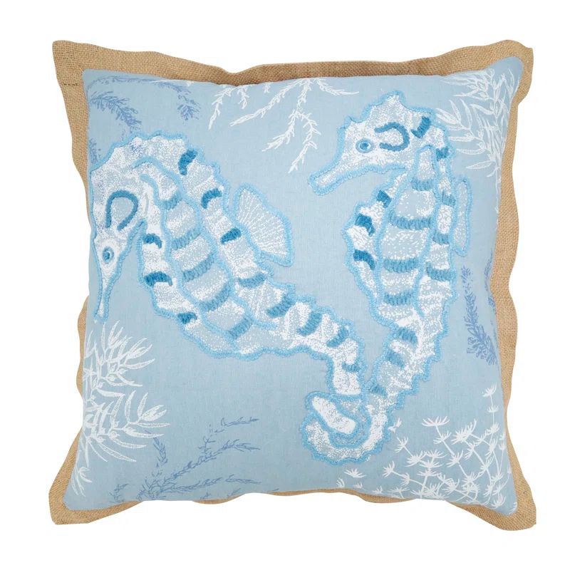Blue Cotton Coastal Square Throw Pillow with Seahorse Design, 20" x 20"