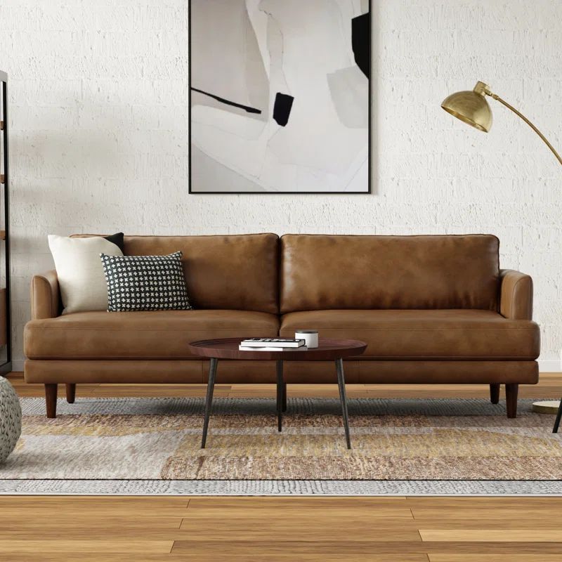 Caramel Brown Genuine Leather Mid-Century Modern Sofa with Removable Cushions