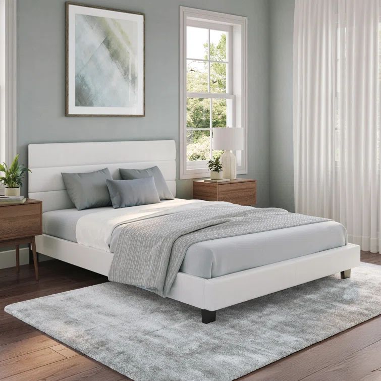 Twin White Faux Leather Upholstered Platform Bed with Tri-Panel Headboard