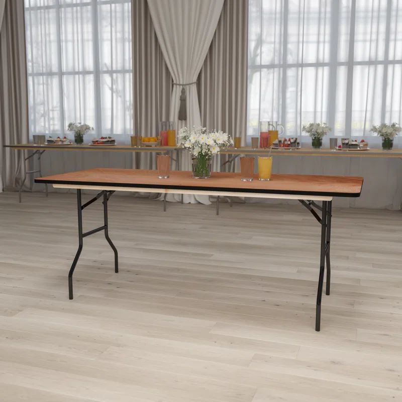 Elegant 72" Black Metal and Brown Wood Rectangular Folding Banquet Table