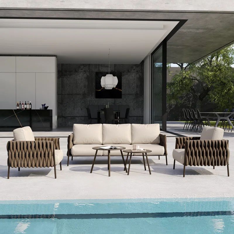 Chestnut Brown and Cream 5-Piece Outdoor Sofa Set with Round Tables