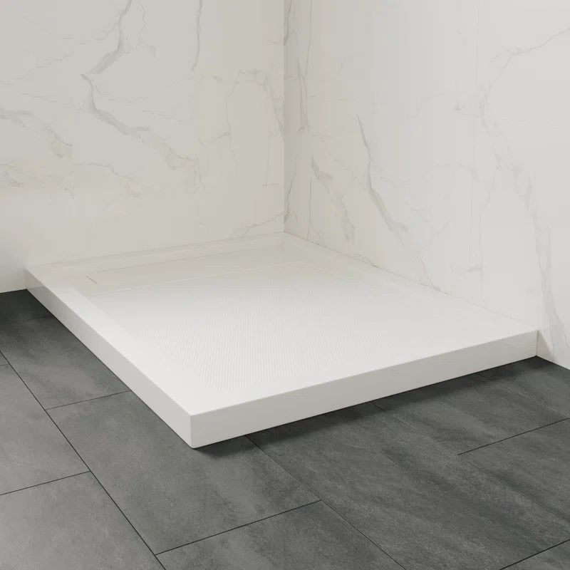 60-Inch White Acrylic Rectangle Shower Base Pan with Hidden Side Drain
