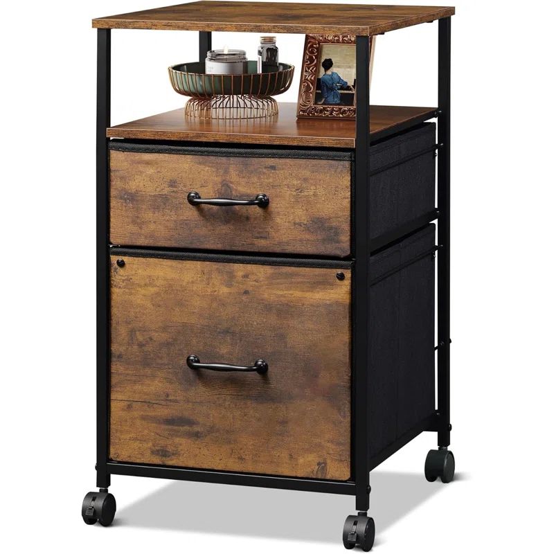 Rustic Brown Wood Grain Mobile File Cabinet with Open Shelf
