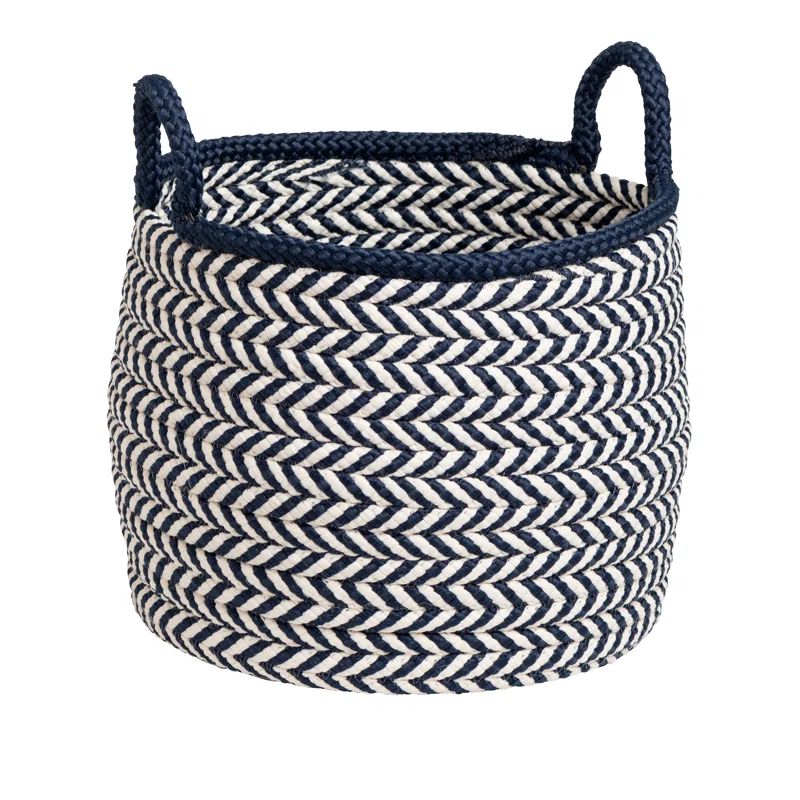 White and Navy Chevron Pattern Round Braided Storage Basket