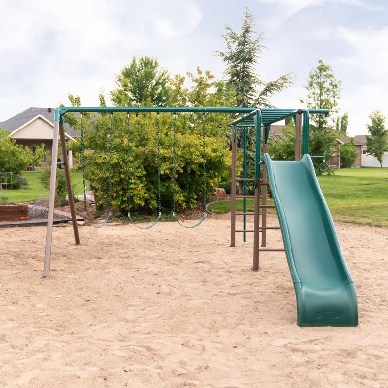 Green and Brown Metal Monkey Bar Swing Set with Slide