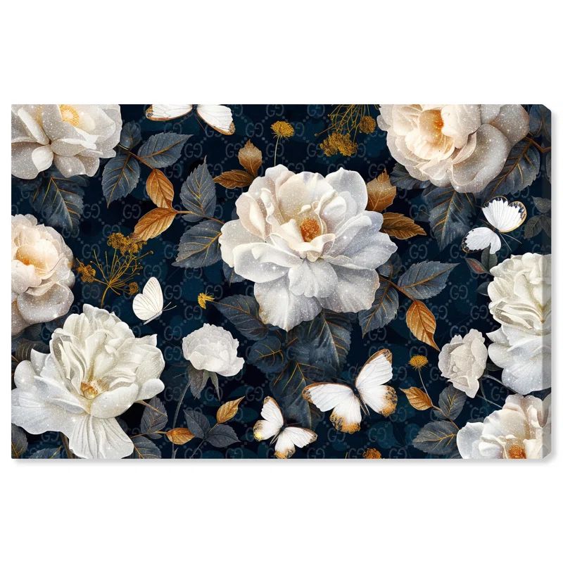 Navy and White Floral Abstract Canvas Print with Pine Frame