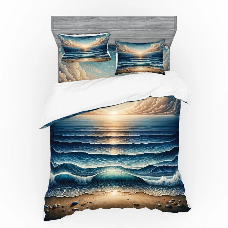Queen Blue and Pale Brown Oceanic Polyester Duvet Cover Set