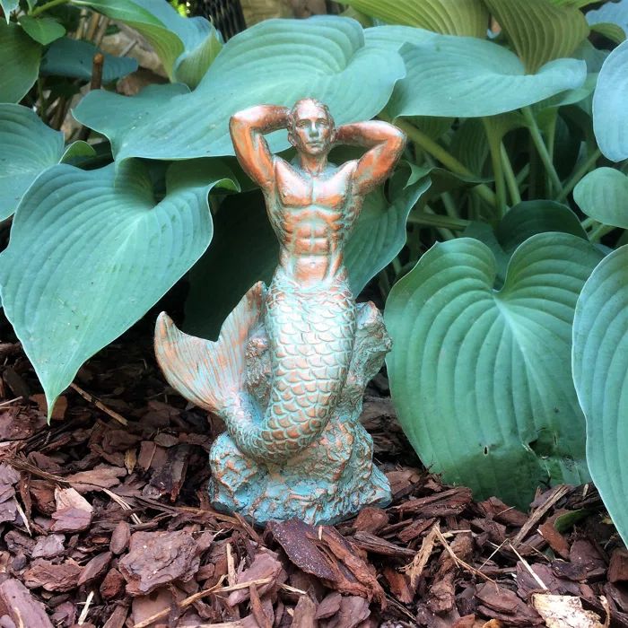 Bronze Patina Merman Mermaid Statue for Nautical Beach Decor