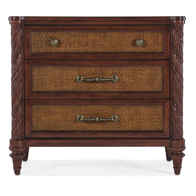 Charleston Brown 3-Drawer Cane and Walnut Nightstand