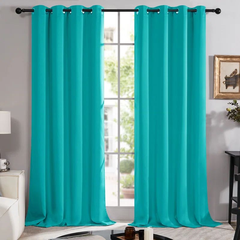 Teal Faux Silk Blackout Grommet Curtain Panel Pair