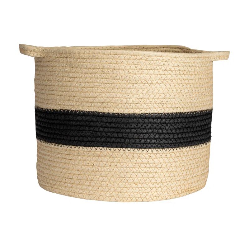 Natural Handwoven Paper Rope Basket with Black Stripe and Handles
