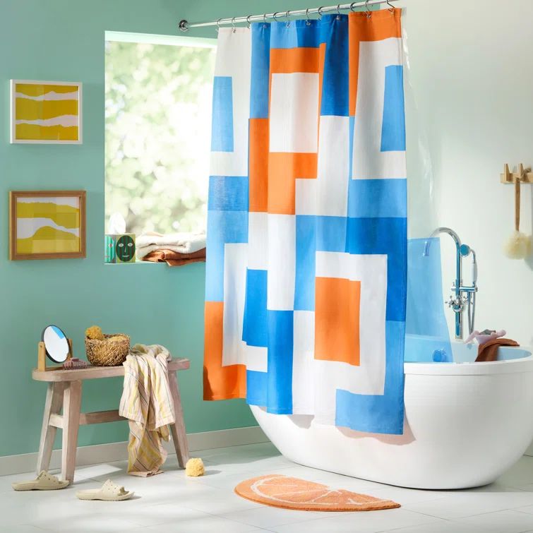 Lucy Mid-Century Squares Cotton Fabric Shower Curtain, White and Orange, 70"x72"