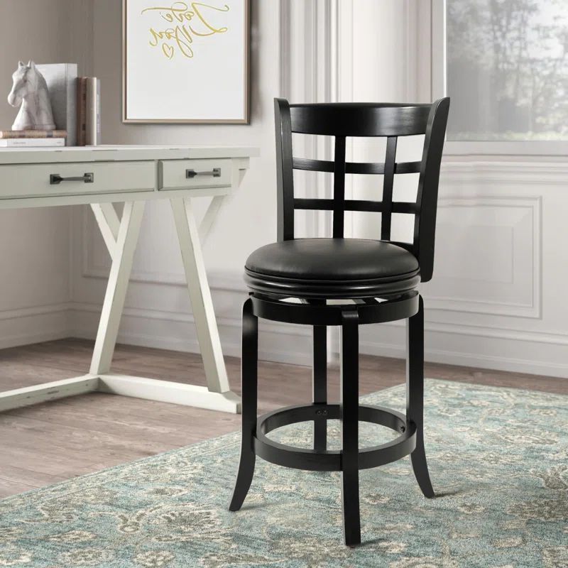 Elegant Sabi 24" Swivel Counter Stool in Black Vegan Leather and Solid Wood