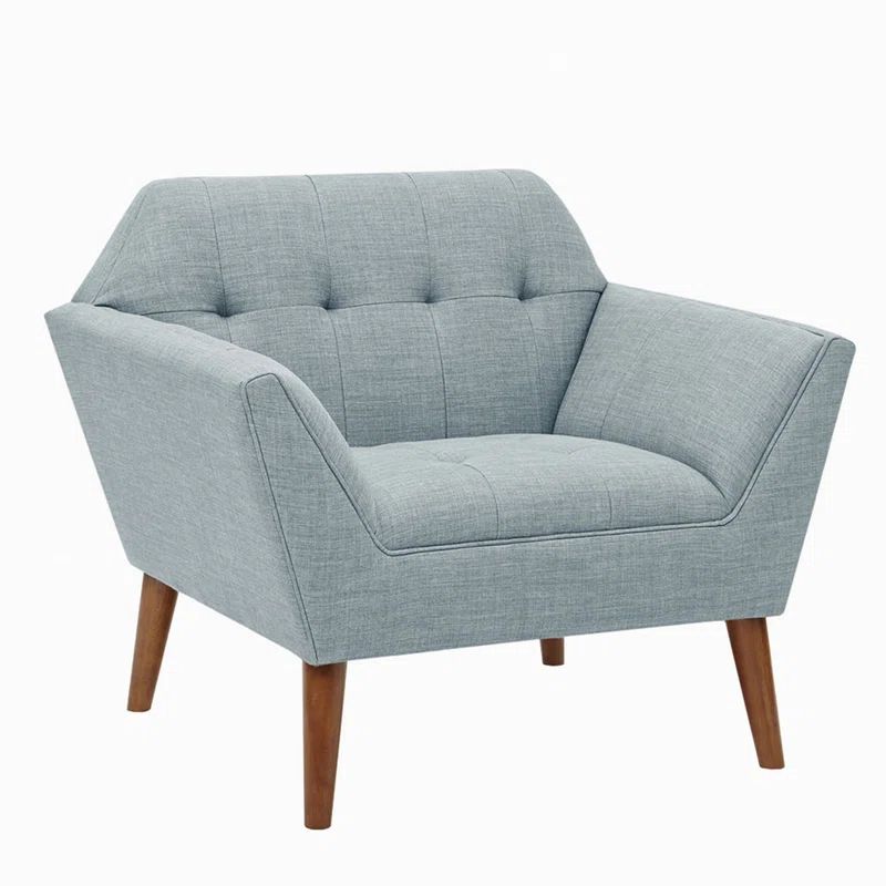 Mid-Century Light Blue Microfiber Accent Chair with Pecan Wood Legs