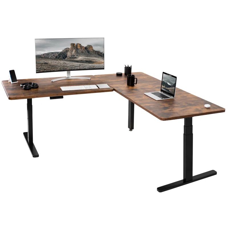 Vintage Brown and Black Adjustable Height L-Shaped Computer Desk