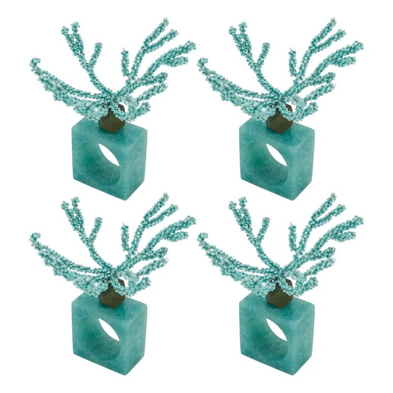 Aqua Beaded Coral Design Iron Napkin Rings, Set of 4