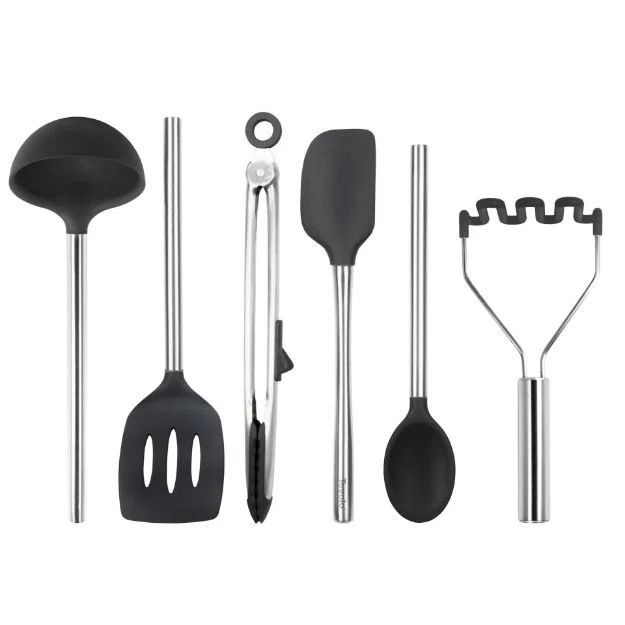 Black Silicone and Stainless Steel 6-Piece Cooking Utensil Set