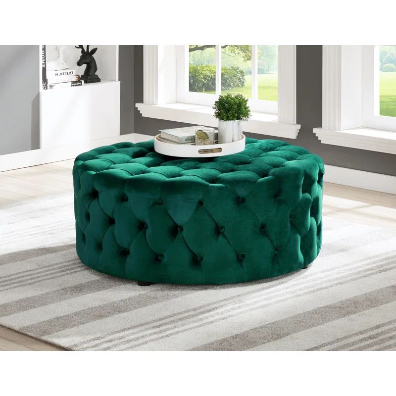 Gilbert Navy Blue Velvet Tufted Round Ottoman