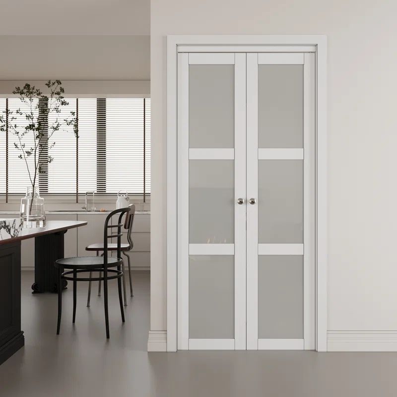 36 in. x 80 in. White Frosted Glass Solid Core MDF Bi-Fold Door