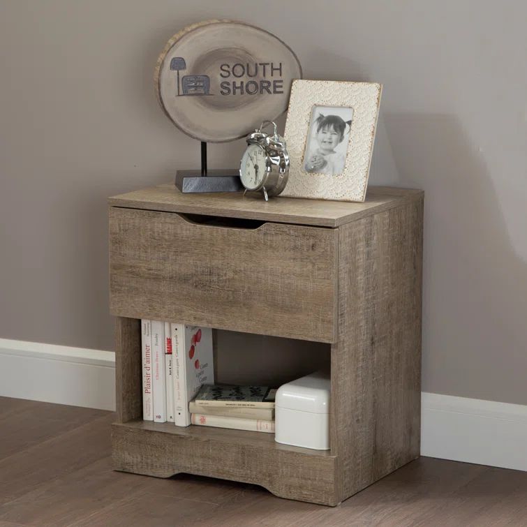 Gray Oak 1-Drawer Nightstand with Open Storage