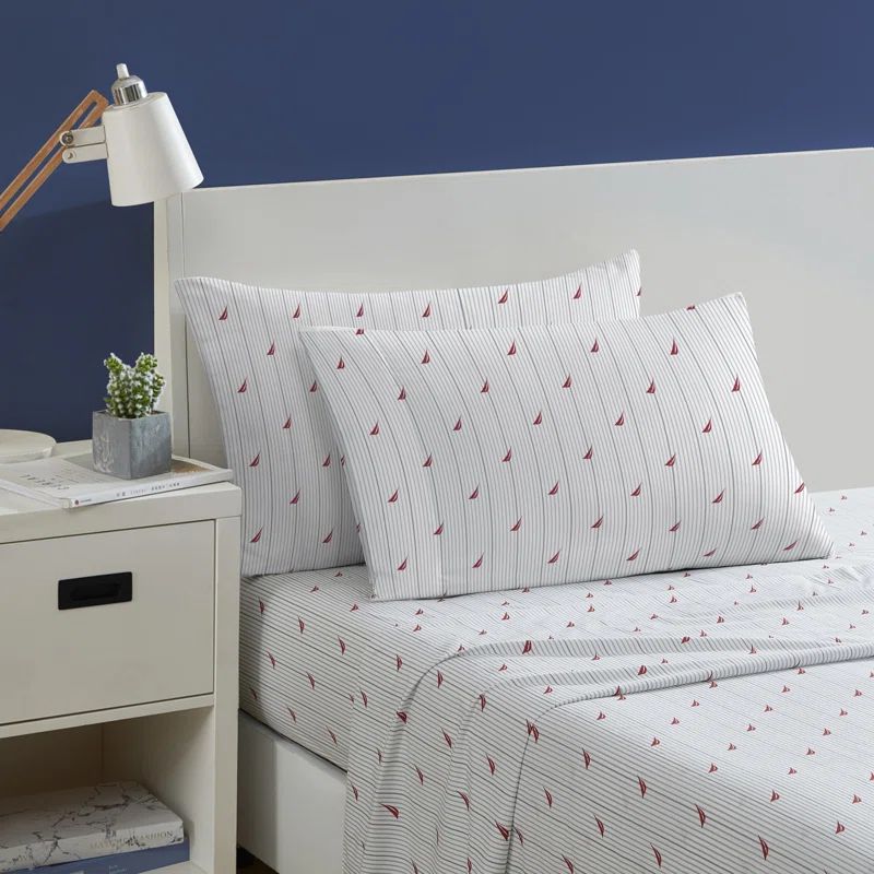 Audley Stripe Red and Gray Cotton Full Sheet Set
