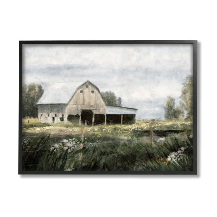 Country Farmhouse Barn Meadow Landscape Canvas Print with Black Frame