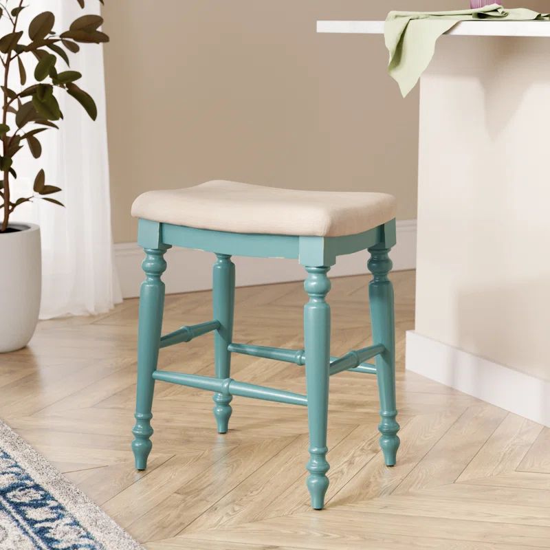 Marino Elegant Blue Wood Backless Counter Stool with Padded Seat