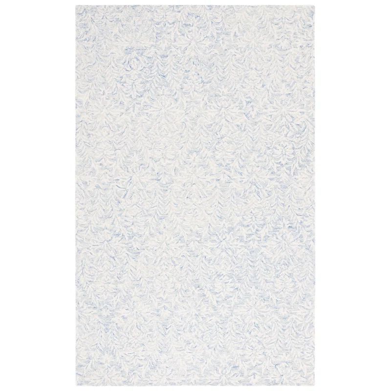 Ivory and Blue Hand-Tufted Wool Floral Rug 6' x 9'