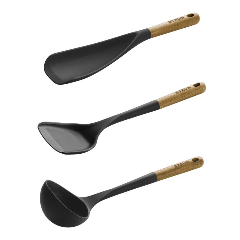 Staub Matte Black Silicone and Acacia Wood 3-Piece Cooking Utensil Set