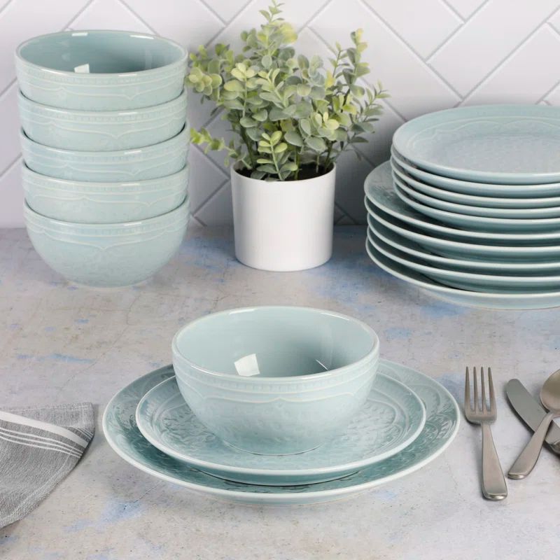 Aqua Floral Embossed Porcelain 18-Piece Dinnerware Set