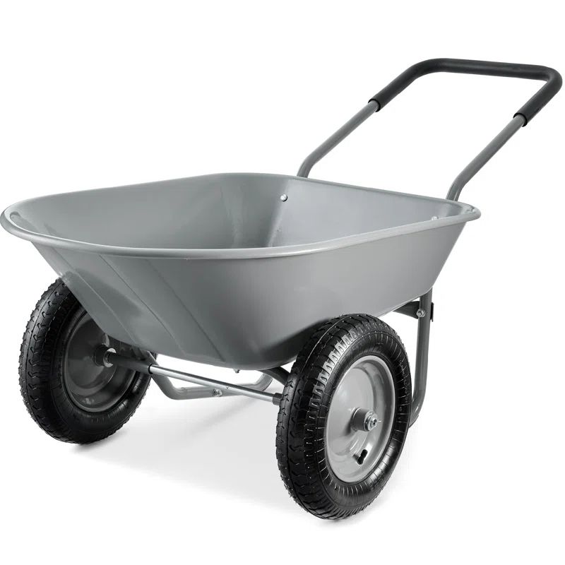 Gray Heavy-Duty Plastic Dual-Wheel Garden Cart with Ergonomic Handle