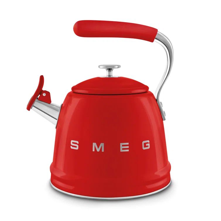Red Stainless Steel Retro Whistling Stovetop Kettle, 2.4 Quarts