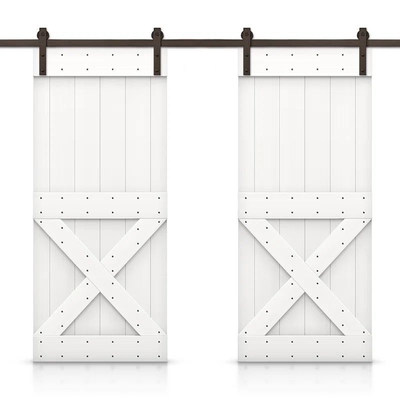 Off White Solid Pine Wood Double Barn Door Kit with Oil Rubbed Bronze Hardware