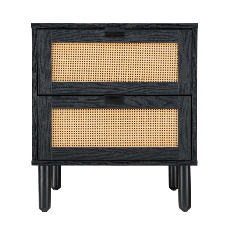 Black and Light Brown Rattan 2-Drawer Nightstand
