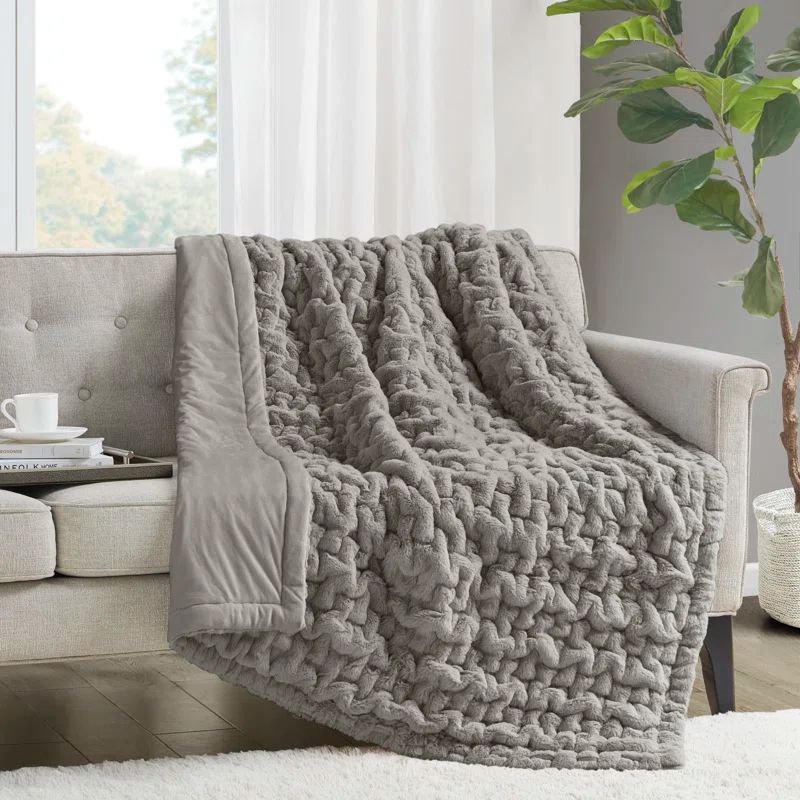 Gray Ruched Faux Fur Reversible Throw Blanket 50x60"