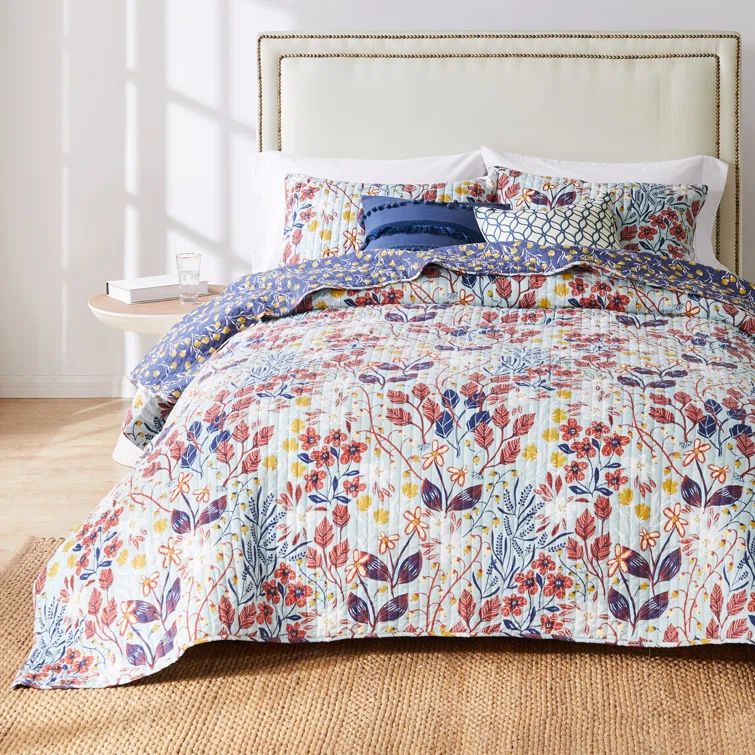 Perry Twin Blue Cotton Reversible Quilt Set