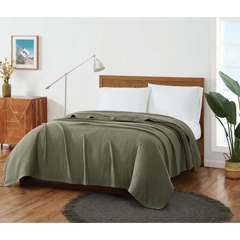 King Olive Green Cotton Woven Blanket